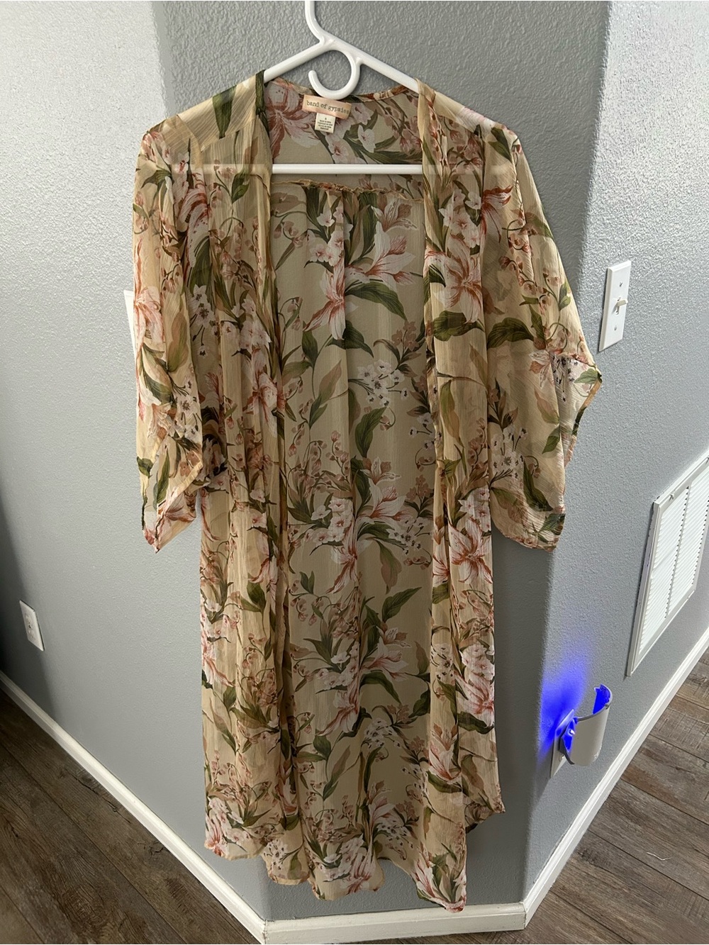 Band of Gypsies Sheer Floral Kimono in Beige with Pink and Green - Picture 3 of 3